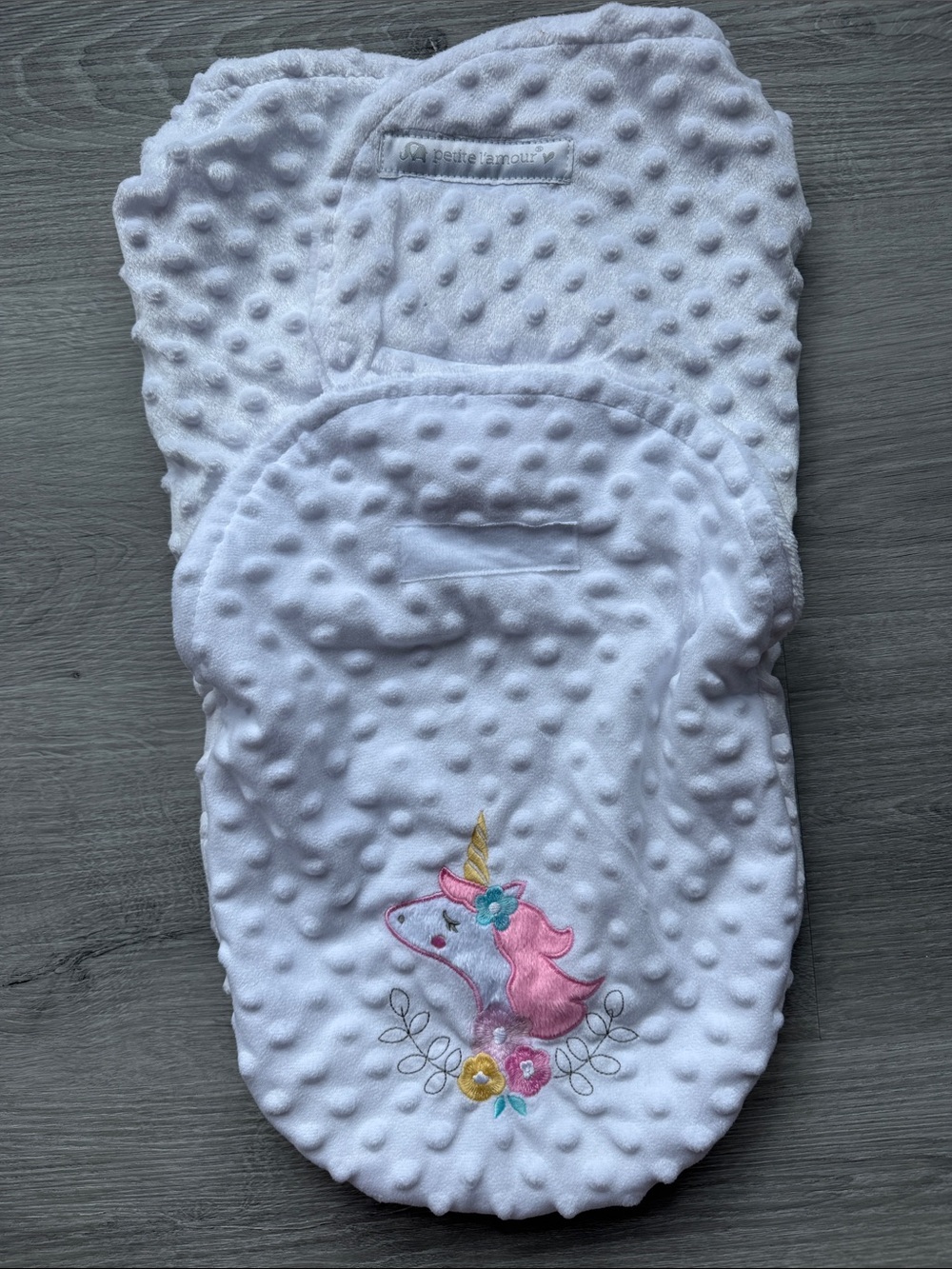 White Kids One-Piece Swaddle with Pink Unicorn Embroidery
